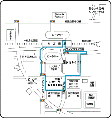 枚方市駅南口ロータリー周辺・岡東中央公園地図