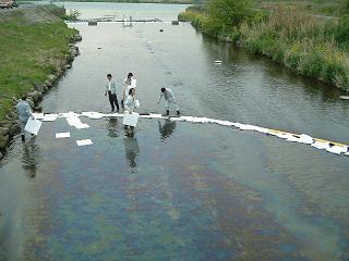 油類の流出の状況と回収のようす