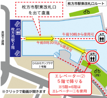 市公式YouTube「ステーションヒル枚方・行政サービスフロアへのルート『枚方市駅東改札口編』」