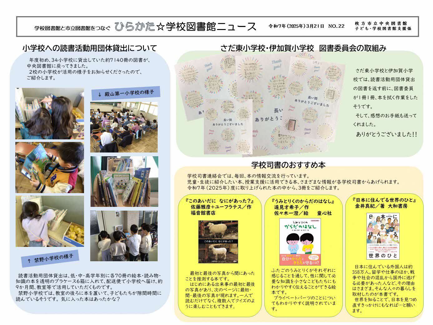 記事内容は、小学校への読書活動用団体貸出について／さだ東小学校・伊加賀小学校　図書委員会の取組み／学校司書のおすすめ本