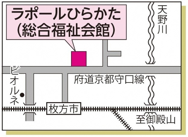 ラポールひらかたの地図。京阪枚方市駅北口から約200メートル。