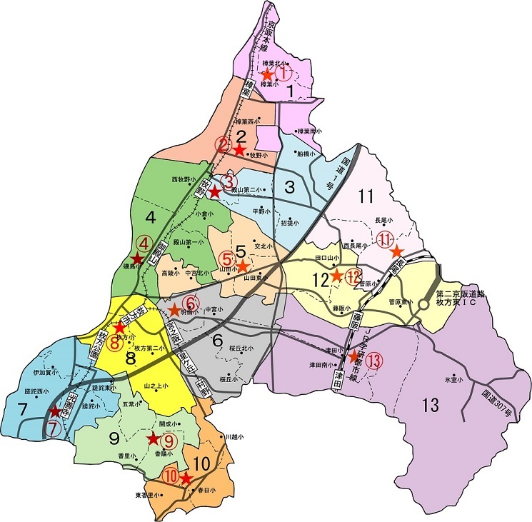 枚方市地域包括支援センターの区割りとおおよその位置