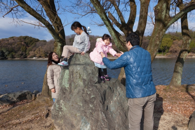 山田池公園で遊ぶ子供たちと保護者。大きい岩に子供たちが登っています。